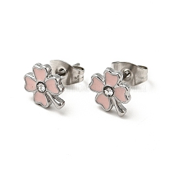 Enamel Clover with Crystal Rhinestone Stud Earrings with 316 Surgical Stainless Steel Pins, Stainless Steel Color Plated 304 Stainless Steel Jewelry for Women, Pink, 8.5x7mm, Pin: 0.8mm(EJEW-A081-12P-01)