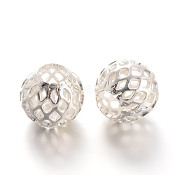 Hollow Round Brass Filigree Beads, Filigree Ball, Silver Color Plated, 10x9mm, Hole: 4.5mm(X-KK-L129-12S)