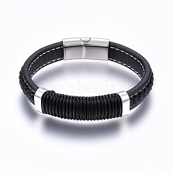 Leather Cord Bracelets, 304 Stainless Steel Magnetic Clasp, Rectangle, Stainless Steel Color, 8-5/8 inch(22cm), 12~15x6~10mm(BJEW-E345-09P)