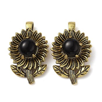 Natural Obsidian Pendants, with Rack Plating Antique Golden Tone Brass Findings, Cadmium Free & Lead Free, Flower Charms, 34x22x15mm, Hole: 8x4.5mm