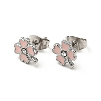 Enamel Clover with Crystal Rhinestone Stud Earrings with 316 Surgical Stainless Steel Pins, Stainless Steel Color Plated 304 Stainless Steel Jewelry for Women, Pink, 8.5x7mm, Pin: 0.8mm