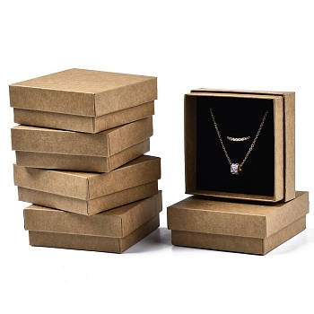 Cardboard Jewelry Set Box, for Ring, Earring, Necklace, with Sponge Inside, Square, Tan, 8.9x8.9x3.3cm, Inner Size: 8.3x8.3cm, 
Without Lid Box: 8.5x8.5x3.1cm