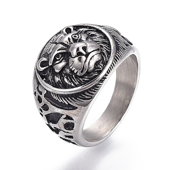 304 Stainless Steel Signet Rings for Men, Wide Band Finger Rings, Flat Round with Lion, Antique Silver, Size 7~12, 17~22mm