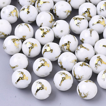 Christmas Opaque Glass Beads, Round with Electroplate Elk Christmas Reindeer/Stag Pattern, Golden Plated, 10mm, Hole: 1.2mm