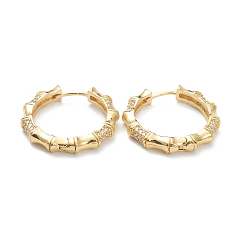 Brass Micro Pave Cubic Zirconia Huggie Hoop Earrings, Ring with Bamboo Stick, Clear, Real 18K Gold Plated, 25x24.5x4mm, Pin: 1mm