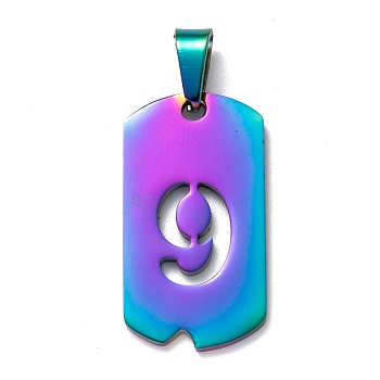 Ion Plating(IP) 304 Stainless Steel Pendants, Manual Polishing, Rectangle with Number, Rainbow Color, Num.9, 27.5x14.5x1.5mm, Hole: 3.5mm