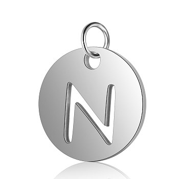 304 Stainless Steel Charms, Flat Round with Letter, Stainless Steel Color, Letter.N, 12x1mm, Hole: 2.5mm