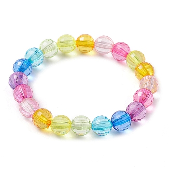 7.5mm Faceted Round Transparent Acrylic Beaded Stretch Bracelets, Rainbow Color Kid  Bracelets for Girls, Colorful, Inner Diameter: 1-5/8 inch(4cm), 7.5mm