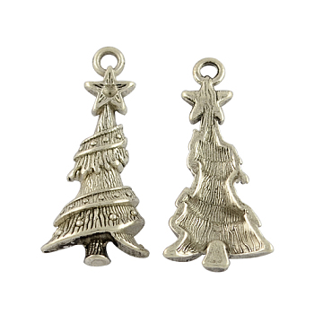 Tibetan Style Alloy Pendants, Cadmium Free & Nickel Free & Lead Free, Christmas Tree, Antique Silver, 30x14x5mm, Hole: 2mm