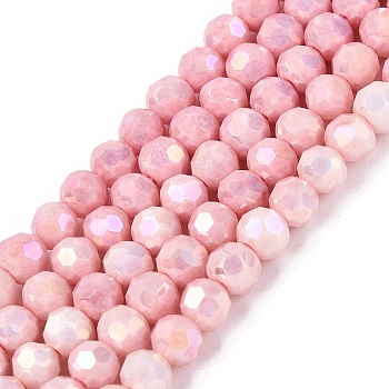 Anti-Tarnish Electroplate Glass Beads Strands, Imitation Gemstone, Round, AB Color Plated, Faceted(32 Faceted), Pink, 4~4.5x3.9mm, Hole: 0.8mm, about 99~100pcs/strand, 14.76~15.75''(37.5~38cm)