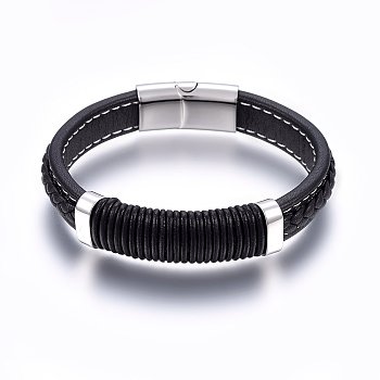 Leather Cord Bracelets, 304 Stainless Steel Magnetic Clasp, Rectangle, Stainless Steel Color, 8-5/8 inch(22cm), 12~15x6~10mm