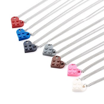 Resin Building Blocks Pendant Necklaces Sets, Couple Necklaces, with 304 Stainless Steel Lobster Claw Clasps, Half Oval, Mixed Color, 17.51 inch(44.5cm), 2pcs/set