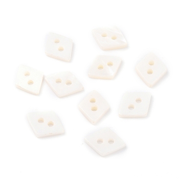 2-Hole, Natural Freshwater Shell Buttons, Flat Rhombus, White, 8.5~9x11~11.5x1.5~2mm, Hole: 1.5mm