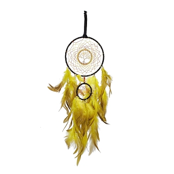 Iron Woven Web/Net with Feather Pendant Decorations, with Plastic & Citrine Chip Beads, Velvet Strip, Covered with Leather & Brass Cord, Flat Round with Tree of Life, Yellow, 610mm