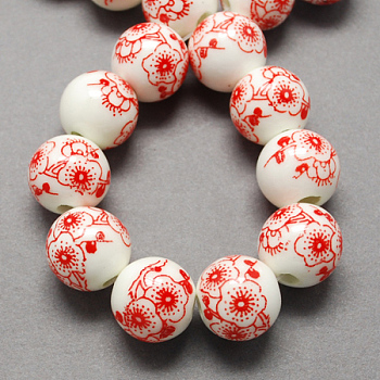 Handmade Printed Porcelain Beads, Round, Red, 6mm, Hole: 2mm