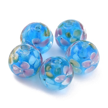 Round Lampwork Beads, Plum Flower Petal Pattern, with Hole, Deep Sky Blue, 12mm, Hole: 1.8mm