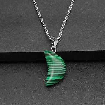 Moon Natural Malachite Pendant Necklaces, with Platinum Alloy Cable Chains, 19.69 inch(50cm)