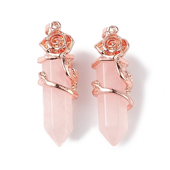 Natural Rose Quartz Pointed Pendants, Faceted Bullet Charms, with Rack Plating Rose Gold Plated Alloy Rose Findings, Cadmium Free & Lead Free, 47~49.5x16.5x16mm, Hole: 8x5mm
