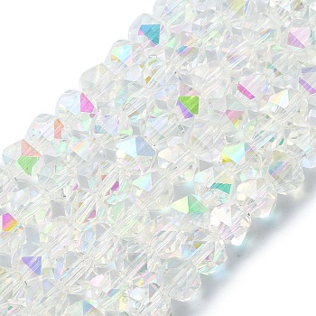 Electroplate Glass Beads, Half Plated, Faceted, Polygon, Clear, 6x6x5.5mm, Hole: 1.2mm, about 96~100pcs/strand, 20.08''~20.47''(51~52cm)