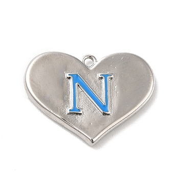 Rack Plating Brass Enamel Pendant, Lead Free & Cadmium Free, Long-Lasting Plated, Heart with Letter N Charm, Platinum, 15x20x2.5mm, Hole: 1.2mm