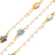 Natural Mixed Gemstone Star & Glass Pearl Beaded Chains, with Gold Plated Brass Findings, Long-Lasting Plated, Unwelded, with Spool, Cadmium Free & Lead Free, 19x6x2.5mm, 3mm(CHC-C025-03G)