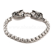 304 Stainless Steel Box Chain Bracelets with Lion Clasps, Antique Silver, 8-1/2 inch(21.5cm)(BJEW-E094-05AS)