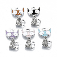 Eco-Friendly Zinc Alloy Pendants, with Enamel and Crystal Rhinestone, Cadmium Free & Nickel Free & Lead Free, Cat, Platinum, Mixed Color, 21~22x13x2.5mm, Hole: 1.8mm(FIND-N048-40-NR)