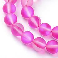 Synthetic Moonstone Beads Strands, Holographic Beads, Dyed, Frosted, Round, Deep Pink, 8mm, Hole: 1mm, about 45~47pcs/strand, 14~15 inch(G-R375-8mm-A01)