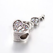 Heart Lock & Key Large Hole Alloy Rhinestone European Beads, Antique Silver, Crystal AB, 26mm, Hole: 4.5mm(X-CPDL-E029-28AS)