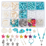 PandaHall Elite DIY Ocean Jewelry Making Finding Kit, Including Starfish & Dolphin & Chips Synthetic Turquoise & Natural Shell & Imitated Gemstone Acrylic Beads, Iron Ring, Alloy Pendant & Clasps, Mixed Color, 406Pcs/box(DIY-PH0013-78)