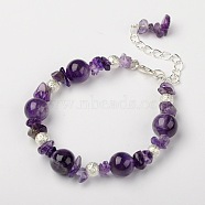 Amethyst Bracelets, with Brass Textured Beads and Alloy Lobster Claw Clasps, Silver Color Plated, Amethyst, 7-1/4"(18.5cm)(X-BJEW-JB01391-02)