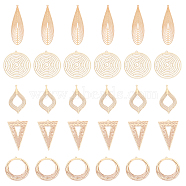 30Pcs 5 Style Brass Pendants, Etched Metal Embellishments, Flat Round & Triangle & Teardrop, Light Gold, 31.5~55x16~34x0.3mm, Hole: 1~1.5mm, 6pcs/style(KKC-CA0001-09)
