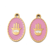 Ion Plating(IP) 316 Surgical Stainless Steel Pendants, Nickel Free, with Enamel, Real 18K Gold Plated, Oval with Hamsa Hand Pattern, Flamingo, 18x11x1.5mm, Hole: 1.6mm(STAS-U014-59G-03)