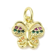 Real 18K Gold Plated Brass Pave Cubic Zirconia Pendants, with Jump Rings, Butterfly, Colorful, 11x10.5x2mm, Hole: 3mm(KK-M283-10B-02)