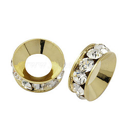 Brass Rhinestone Spacer Beads, Grade A, Rondelle, Light Gold Metal Color, Crystal, 9x4mm, Hole: 4mm(RB-A020-9mm-01LG)