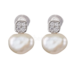 Natural Pearl Ear Studs, with Sterling Silver Micro Pave Clear Cubic Zirconia Findings, Oval, Platinum, 13x10mm(EJEW-P286-33P)