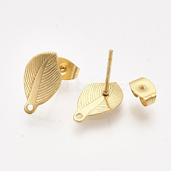 304 Stainless Steel Stud Earring Findings, with Loop and Ear Nuts/Earring Backs, Leaf, Real Gold Plated, 13.5x8mm, Hole: 1mm, Pin: 0.7mm(X-STAS-S079-67A)