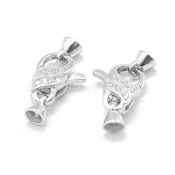 Rhodium Plated 925 Sterling Silver Lobster Claw Clasps, with Cubic Zirconia, Fold Over Clasps, with 925 Stamp, Clear, Platinum, 24.5mm, Clasp: 16x12x6mm, Cord End: 6x5mm, Inner Diameter: 4mm(STER-L055-063P)