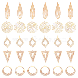 30Pcs 5 Style Brass Pendants, Etched Metal Embellishments, Flat Round & Triangle & Teardrop, Light Gold, 31.5~55x16~34x0.3mm, Hole: 1~1.5mm, 6pcs/style(KKC-CA0001-09)