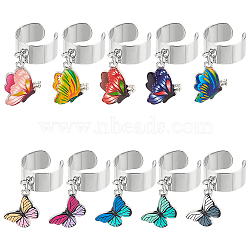 10Pcs 10 Styles 304 Stainless Steel Open Cuff Finger Ring, with Alloy Enamel Butterfly Pendants, Mixed Color, Inner Diameter: 17~18mm, 1pc/style(RJEW-UN00028)