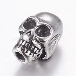 304 Stainless Steel Beads, Skull, Antique Silver, 16x10x12mm, Hole: 3mm(STAS-P173-124AS)