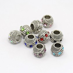 Antique Silver Zinc Alloy Pave Grade A Rhinestone European Beads, Rondelle, Mixed Color, 11x9mm, Hole: 5mm(CPDL-L001-14)