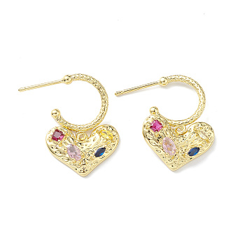 Colorful Cubic Zirconia Heart Dangle Stud Earrings, Rack Plating Brass Jewelry for Women, Lead Free & Cadmium Free, Real 18K Gold Plated, 28mm, Pin: 1mm