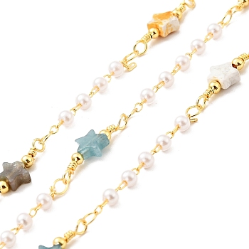 Natural Mixed Gemstone Star & Glass Pearl Beaded Chains, with Gold Plated Brass Findings, Long-Lasting Plated, Unwelded, with Spool, Cadmium Free & Lead Free, 19x6x2.5mm, 3mm
