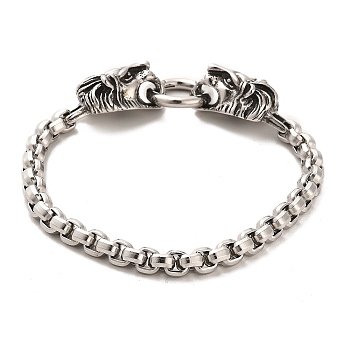 304 Stainless Steel Box Chain Bracelets with Lion Clasps, Antique Silver, 8-1/2 inch(21.5cm)