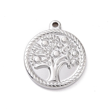 304 Stainless Steel Pendants,  Flat Round with Tree of Life Pattern Charms, Stainless Steel Color, 23x20x2.5mm, Hole: 1.5mm