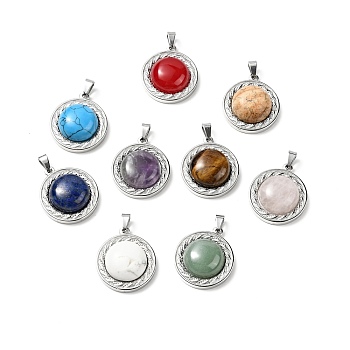Natural & Synthetic Mixed Gemstone Pendants, with Stainless Steel Color Tone 304 Stainless Steel Findings, Half Round Charm, Mixed Dyed and Undyed, 24.5x21x8mm, Hole: 3x6mm