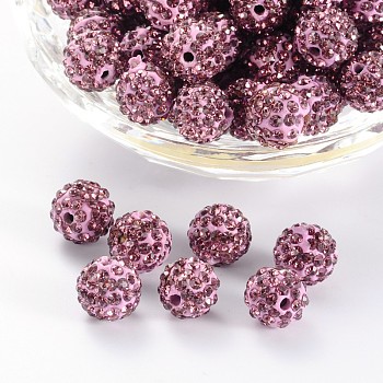 Pave Disco Ball Beads, Polymer Clay Rhinestone Beads, Round, Light Amethyst, PP13(1.9~2mm), 6 Rows Rhinestone, 10mm, Hole: 1.5mm