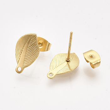 304 Stainless Steel Stud Earring Findings, with Loop and Ear Nuts/Earring Backs, Leaf, Real Gold Plated, 13.5x8mm, Hole: 1mm, Pin: 0.7mm