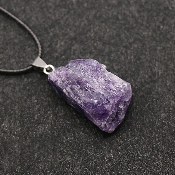 Natural Amethyst Raw Rough Nuggets Pendant Necklace, Black Leather Cord Necklaces for Women, 17.72 inch(45cm)